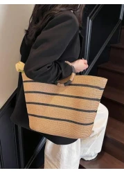 حقيبة كبيرة السعة منسوجة من القش، حقيبة يد عصرية متعددة الاستخدامات للنساء، حقيبة تسوق ذات نمط مخطط، حقيبة يد
