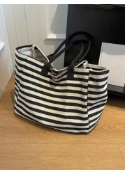 Yogodlns Simple Stripe Design Tote Bag For Girls Women Canvas Shoulder Bag Ladies Shopping Bags High Quality Handbagsschool Tote Bag Portable Foldable Business Casual Suitable For Teen Girls Women Col