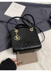 حقيبة يد نسائية كبيرة السعة، حقيبة يد أنيقة فاخرة للنساء، ذات نسيج مزخرف بنمط التمساح، باللون الأسود، ذات حزا