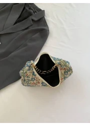 Fashion Metal Chain Handbag With Flower Design Floral Printed Canvas Shoulder Bag Tready Crescent Moon Bag For Women Exquisite Floral Bag For Women