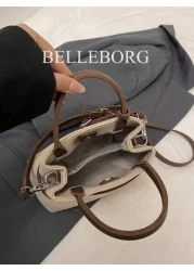 High Quality Casual Color Block Retro Canvas Leather Buckle Tote Handbag Versatile For Commuting Women