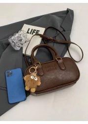 Vintage Retro Bag 1pc Coffee Brown Shoulder Bag With Doll Accessory Large Capacity Soft Leather Boston Tote Bag For Women Four Season Commuter Handbag Fall Winter New Arrivals Japanese Bag