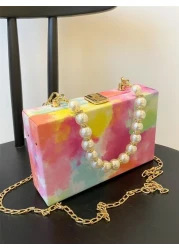 Oil Painting Colorful Metal Chain Shoulder Bag Crystal Pearl Decor Handbag Clutch Wallet Phone Bag For Daily Use And Travel Colorful Purse For Women