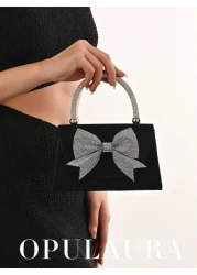 OpulAura Women s European And American Fashion Black Satin Flap Clutch Evening Bag Sparkling Elegant Bowknot Rhinestone Decor Party Handbag Luxury Satin Formal Dress Bag Chain Shoulder Bag Suitable Fo