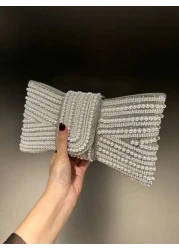 حقيبة مسائية ذو مقاس كبير عالية الجودة، من الدرجة A، مزينة بفيونكة من الراين واللؤلؤ الصناعي والكريستال اللام