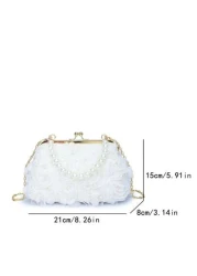 1pc White Romantic Wedding Season 2025 Spring Summer Pearl Net Yarn Flower Clip Pearls Handbag Ladies High End Luxurious Dress Evening Bag Bridal Bag For Wedding Party Banquet Elegant Pearl Bag Exquis
