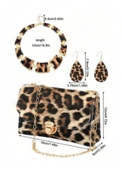 4 قطع طقم مجوهرات نمر للنساء - أقراط معدنية، أساور، قلادة مع علاقة شراشيب، وحقيبة يد - اكسسوارات أنيقة ذات طراز