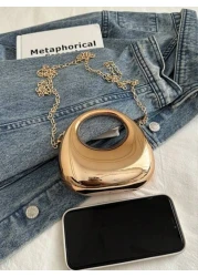 1pc New Avant Garde Metallic Acrylic Crescent Moon Shaped Mini Handbag Glossy Silver And Gold Tone Lunar Crossbody Shoulder Bag With Metallic Chain Fashion Versatile Makeup Cosmetic Earphone Pouch Min