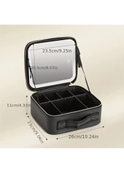 Makeup Bag With Light Up Mirror Travel Cosmetic Case Box 3 Color LED Lighted Mirror With Adjustable Brightness Waterproof Leather Adjustable Dividers Brush Organizer PU Leather Suitable For Girls And