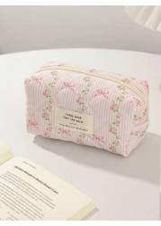 1 حبة / مجموعة حقيبة مكياج زهرية وردية للبنات، حقيبة تخزين متعددة الوظائف مع سحّاب لمستحضرات التجميل والمواد ا