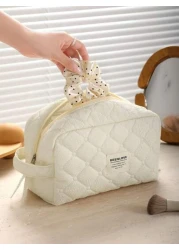 1Pc Set Beige Quilting Makeup Bag With Soft Texture Vintage Large Capacity Cosmetic Bag Travel Organizer Handheld Minimalism Cozy Foam Toiletry Big Set Lightweight Fluffy Makeup Pouch Home Decor Delic