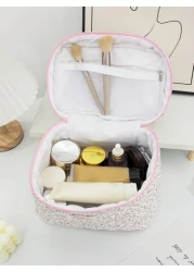 قطعة واحدة / مجموعة حقيبة مستحضرات تجميل وردية ذات طبعة زهور كبيرة السعة مبطنة مزودة بسحاب لحفظ أدوات التجميل