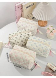 1Piece Quilted Handle Makeup Bag Small Quilted Cosmetic Bag Cute Bow Design Makeup Pouch Makeup Bag Aesthetic Travel Toiletry Bag Organizer Makeup Brushes Storage Bag For Women Bow Pencil Case For Mak