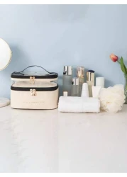 PU 2 Layers Cosmetic Bag Solid Color Travel Transparent Multifunctional Toiletry Handheld Fashionable Waterproof Large Capacity Storage Pouch Summer Travel Vacation Home Bathroom Decor Holiday Makeup