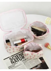 1 PC Rice Bottom Print Pink Bow Daily Soft Make Up Bag Fashionable And Casual Large Capacity Portable Zipper Makeup Bags Travel And Vacation Essentials Cosmetic Bags For Sanitary Napkins Pouch Pads Wi