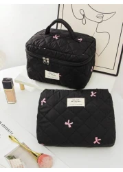 1 Piece Women s Bow Embroidered And Quilted Makeup Bag Sets Travel Cosmetic Bag With Handle Tampon Storage Bag Sanitary Pad Pouch Large Capacity Cosmetic Bag Lightweight Fluffy Filling Toiletries Bag