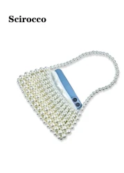 حقيبة يد كبيرة ذات مقبض من اللؤلؤ مزخرفة بالخرز، حقيبة كتف أو تحت الذراع