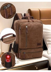 1pc Fashionable Canvas Backpack With Large Capacity And Multiple Pockets Wear Resistant Leather Handle Suitable Students Outdoor Travel Business Trip Laptop Backpack Commute Book Bag School Bag Portab