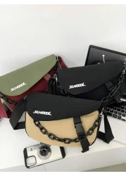 peach tree 1pc Men s Messenger Bag Bicolor Patchwork Letter Chain Decor Shoulder Bag Casual Nylon Waterproof Mini Crossbody Bag Suitable For Daily Use Halloween Christmas Gift For Boyfriend Student Ou