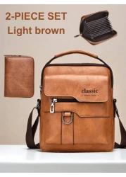 2pcs Set Retro Messenger Bag PU Leather Shoulder Bag With Wallet Large Capacity Headphone Hole Casual Minimalist Style For Commuting Business Travel Gifts For Friends Family Summer Summer Bag Spring B