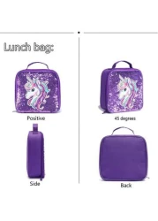 3 حقائب ظهر، حقيبة ظهر مرصعة بالترتر، حقيبة كتف، صندوق غداء، علبة أقلام