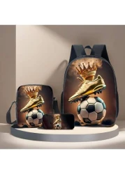 3 قطع / مجموعة حقيبة ظهر مطبوعة بنمط كرة القدم ثلاثي الأبعاد، حقيبة عبر الجسم، حافظة أقلام، حقيبة مدرسية 16 بوصة