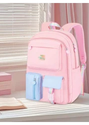 1pc Cute Dopamine Color Block Backpack With Adorable Pendant Large Capacity Girl Backpack Polyester Material Zipper Closure Suitable For School Work Commute Daily Use Back To School Gift