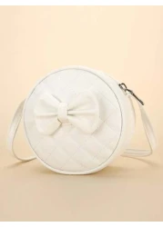 1pc Girl s White PU Shoulder Bag Fashionable Cute Bow Design Small Round Bag With Rhombus Embroidery Fits For Phone And Coins Zippered Closure Suitable For All Seasons