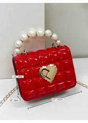 Mini Faux Pearl Decor Quilted Chain Crossbody Bag Quilted Square Bag With Faux Pearl Top Handle Chain Shoulder Purse Gift Holiday Vacation Perfect Fit Perfect For Shopping Traveling Fashionable Simple