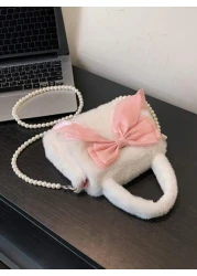 1 Pc Cute Mini Kids Pink Big Bow Soft Plush Handbag Fall Winter Pearl Shoulder Strap Crossbody Bag Lightweight Square Bags For Girls Students For Festivals Vacation Holiday Fashion Accessory