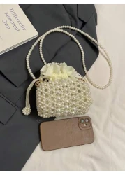 1قطعة حقيبة يد بخيط خرزي لطيفة للبنات بغلق سحاب، حقيبة كروس بخرز أبيض، مناسبة للربيع/الصيف