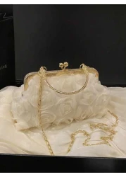 1pc Sweet Handbag Clip Opening And Closing Chiffon Three Dimensional Flower Evening Bag Champagne Color Ladies Cheongsam Bag Handmade Dress Bag Chain Decoration Bag Handbag Exquisite And Versatile Sui
