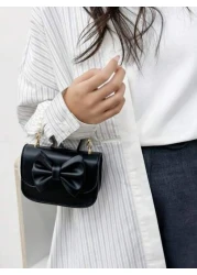 1pc Flap Closure Pu Korean Version Ins Little Girl Bag Fashion Solid Color Cute Bow Sweet Flap Princess Mini Bag Accessories Small Bag Coin Purse Suitable For All Occasions Faux Pearl Handbag Small Sq