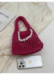 1pc Handbag Open Top Opening And Closing Niche Pearl Hollow Design Bag For Girl New Summer Fashion Braided Small Bag Casual And Versatile Beach Bag Suitable For Daily Outings And Vacations A Perfect G