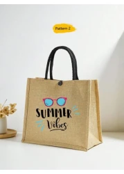 1 Pc Simple Linen Summer Element Print Tote Bag For Big Children Large Capacity Travel Bag Square Bag Gift Bag Shopping Bag Portable Button Closure Handbag For Daily Class And Back To School Shopping