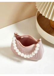 Mini Underarm Bag For Toddler Girls Pearl Decor Zipper Closure Handbag Lovely Gift Bag For Girls