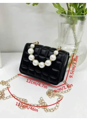 1 Piece Pu Magnetic Buckle Niche Design Solid Color Square Mini Pearl Handbag Ins Korean Exquisite Chain Shoulder Messenger Bag Shoulder Strap Comfortable Smooth And Versatile Suitable For Daily Outin