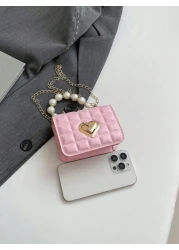 1pc Cute Sweet Messenger Bag Korean Style Fashion Coin Purse Solid Color Casual Pu Texture Small Square Bag Handbag Pearl Handle Chain Shoulder Strap Lock Buckle Fashion Chain Messenger Bag Fashion Pr