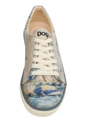 Dogo Women's Vegan Leather Beige Sneakers - Watercolor And Sailors Design