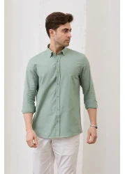 RAVANELLI Sarte - قميص رجالي كاكي بقصة ضيقة وأزرار وياقة من الكتان ومظهر قطني 100%