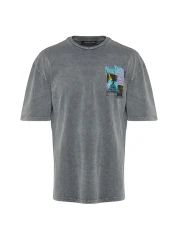  Collection Anthracite Crew Neck Oversize Printed T-Shirt - Short Sleeve, Acid Washed Tmnss22Ts0838