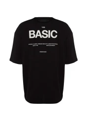  Collection تي شيرت قطني أسود كبير الحجم مطبوع عليه نص - TMNSS23TS00263