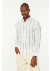  Collection Beige Slim Fit Buttoned Collar Thin Striped Shirt