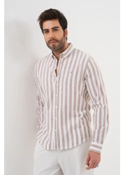 Catto Peak قميص قطني مخطط ومطرز بقصة عادية للرجال