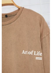  Collection تي شيرت بني كبير الحجم/واسع القطع بتأثير باهت مطبوع 100% قطن TMNSS23TS00166