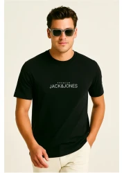 Jack & Jones تي شيرت رجالي مطبوع عليه شعار برقبة دائرية باللون الأسود