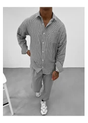 King Brothers قميص رجالي قطني مخطط باللون الأسود - جيب، كم طويل، مقاس فضفاض