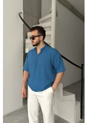 Livio Ferri قميص Soro رجالي كبير الحجم ذو مظهر كتان وأكمام قصيرة وياقة نصف فتحة