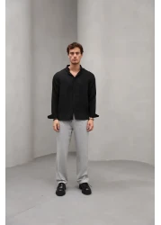 Bürke Summer Linen Textured Long Sleeve Black Men's Shirt