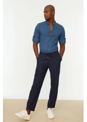 Collection Navy Blue Linen Look Elastic Waist Tied Trousers - Tmnss20Pl0547